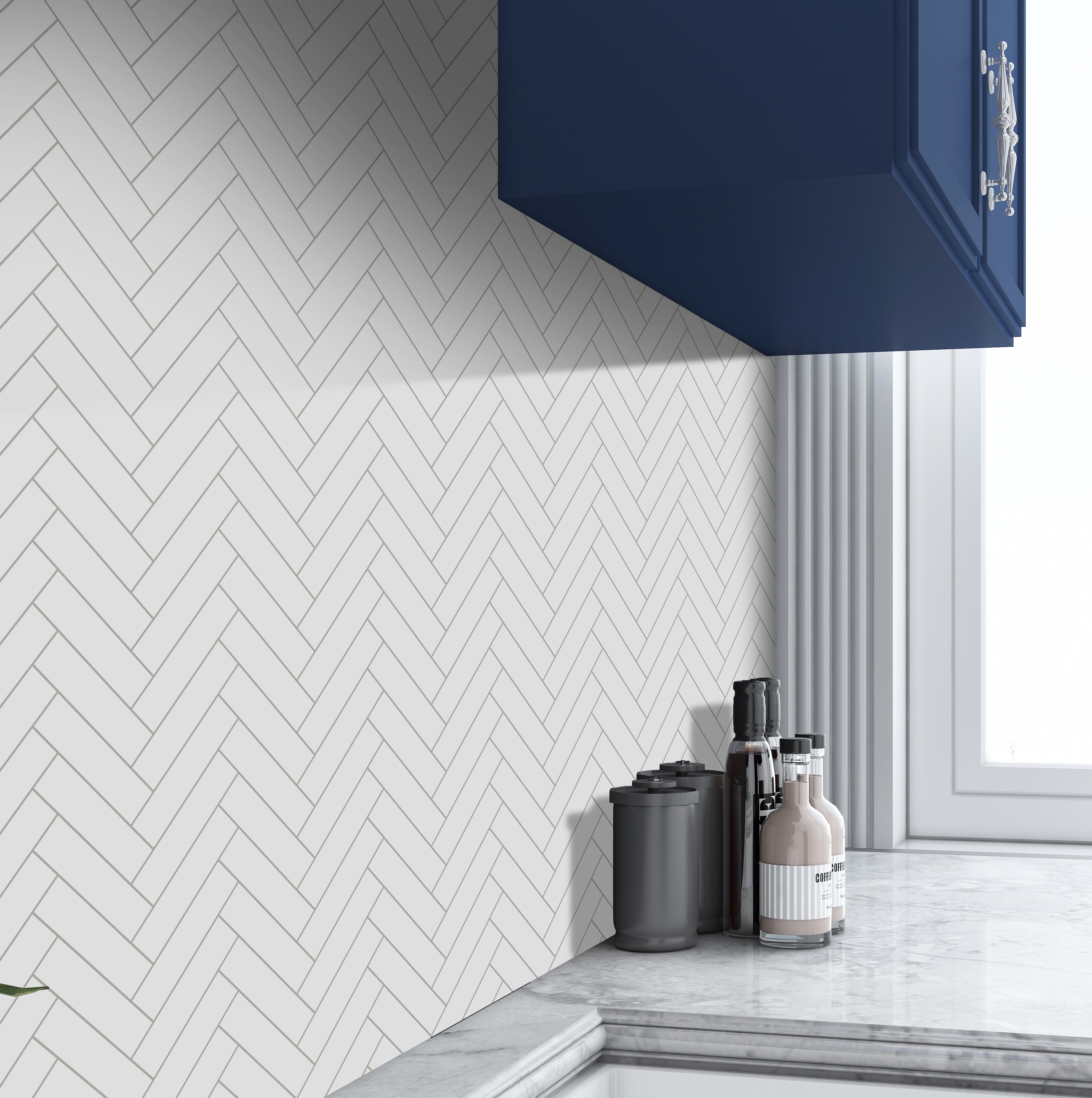 Herringbone White Peel and Stick Backsplash Tile