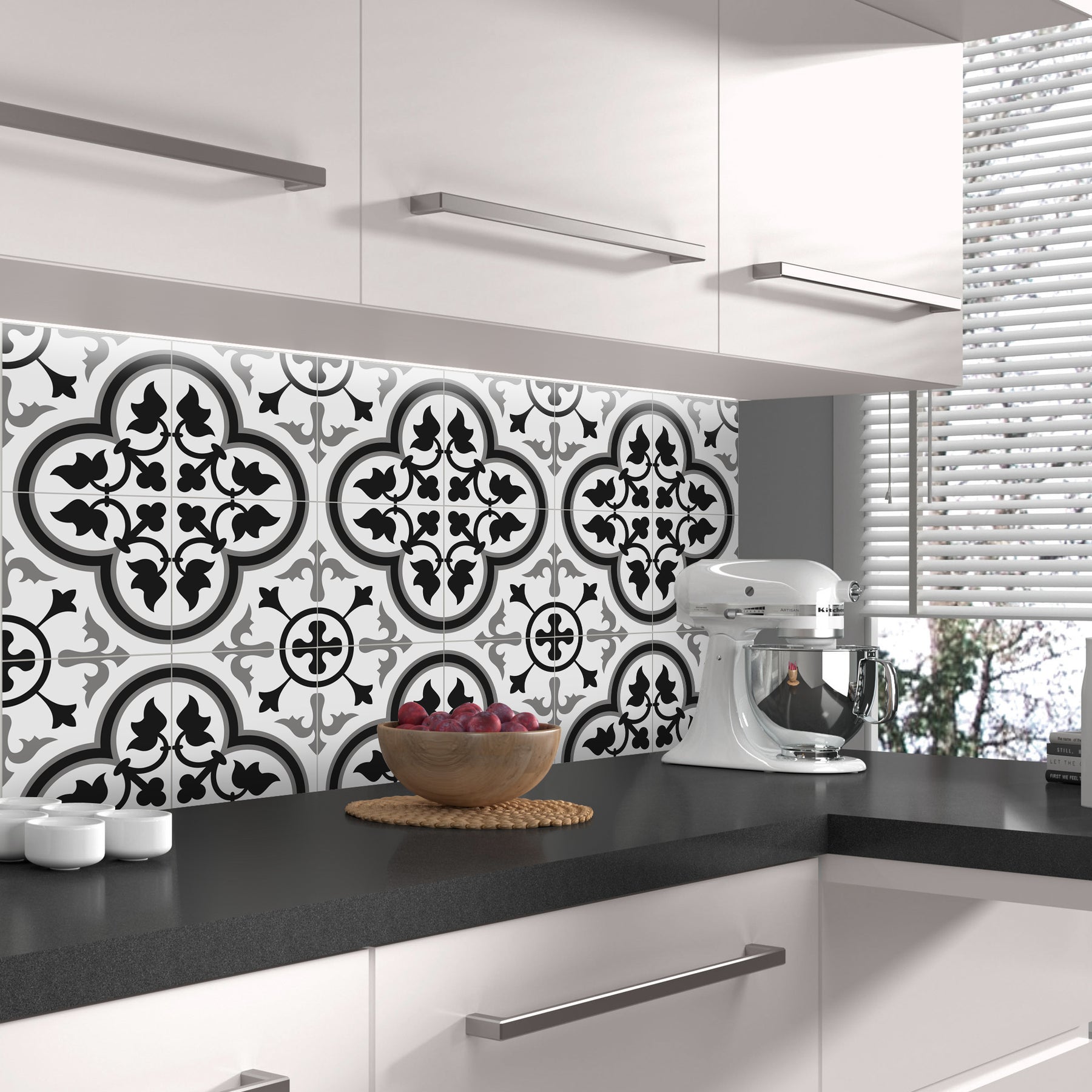 Encaustic Patterned White and Grey Peel and Stick Tile