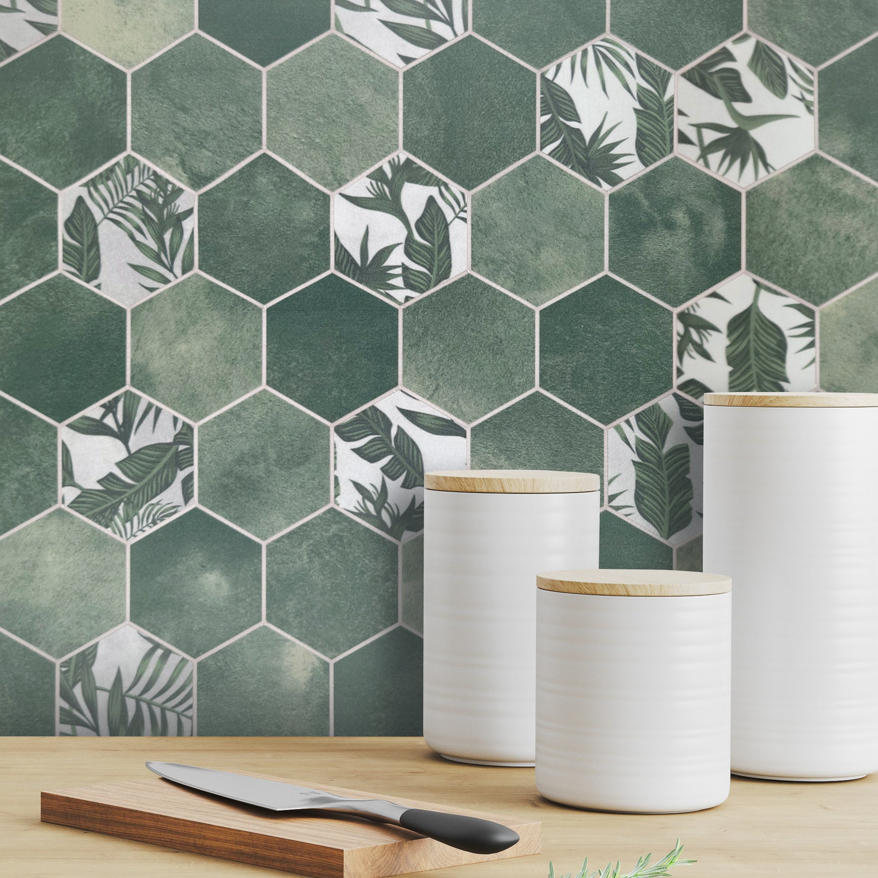 2'' Hex Botanical Green Peel and Stick Tile