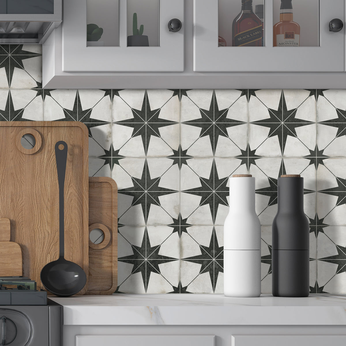 Encaustic Patterned Beige Star Peel and Stick Backsplash Tile