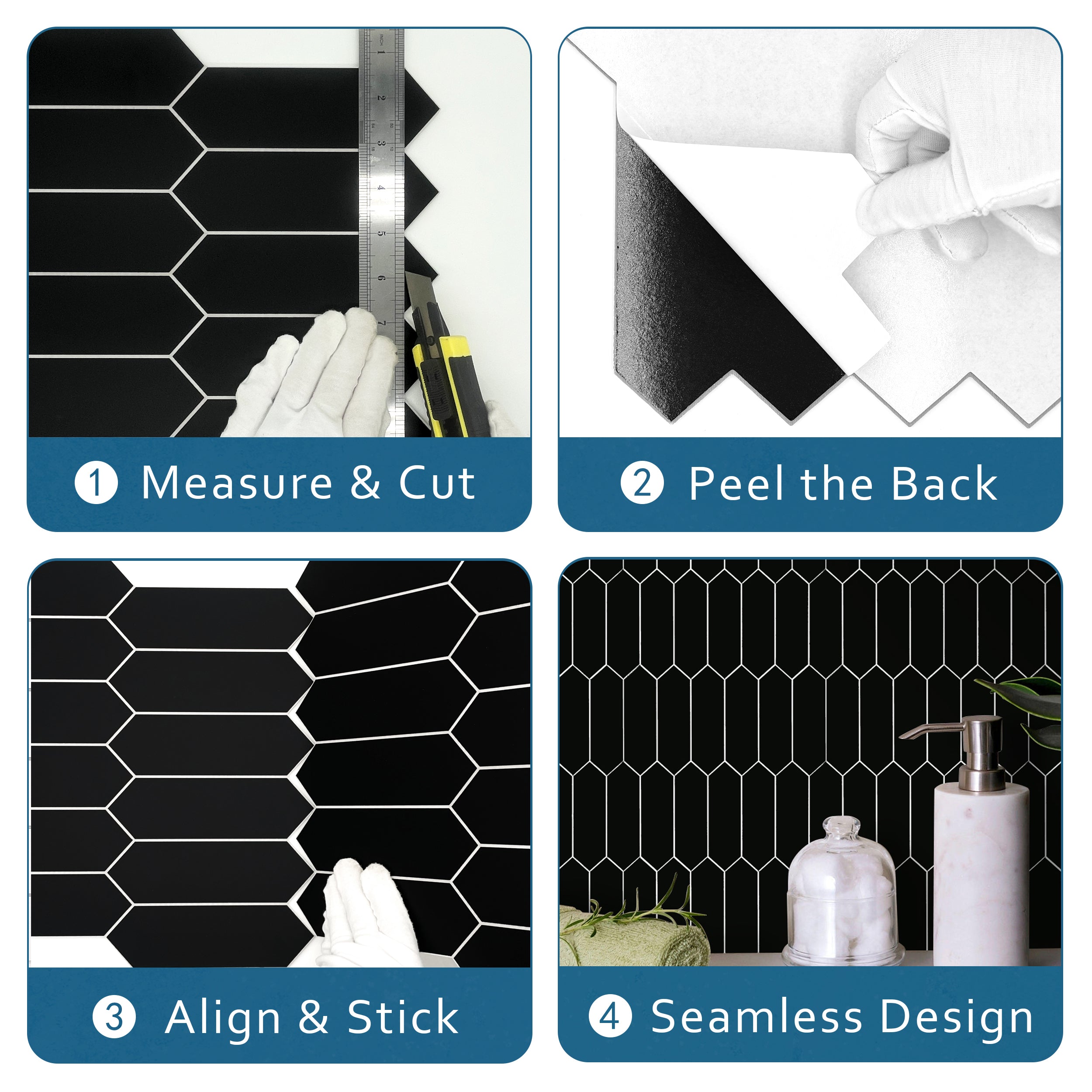 Black Picket Long Hexagon Peel and Stick Tile
