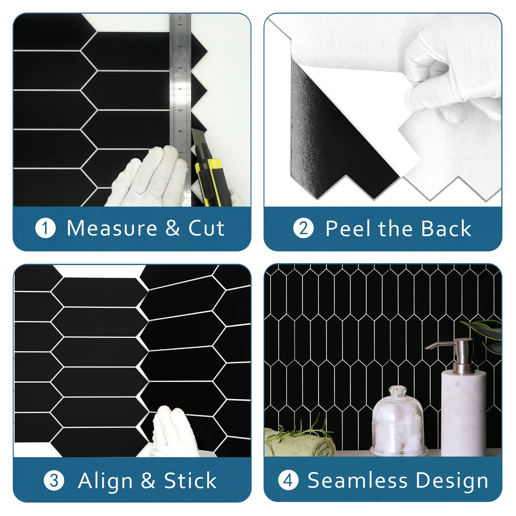 Picket Long Hexagon Black Peel and Stick Tile