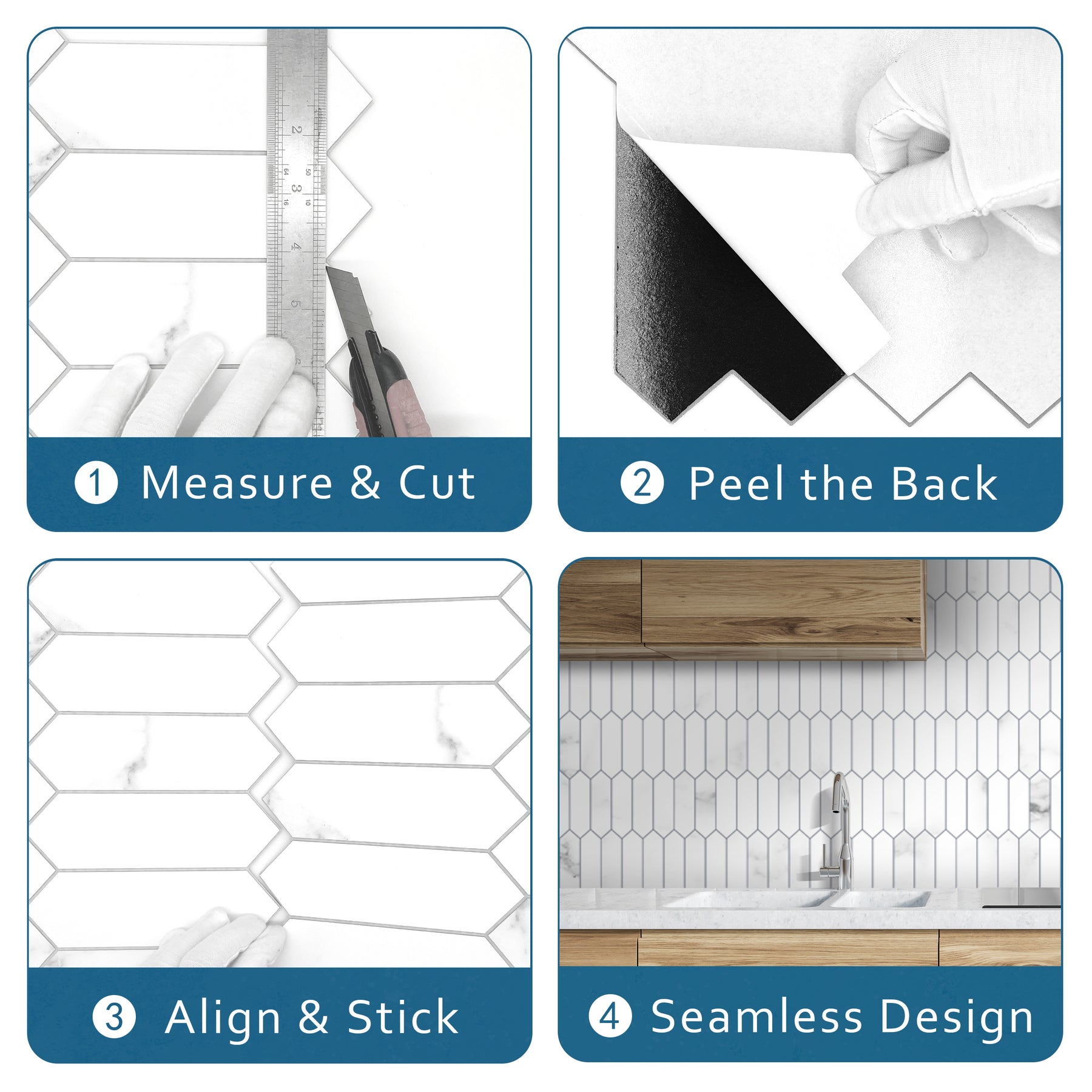 Picket Long Hexagon Carrara White Peel and Stick Tile
