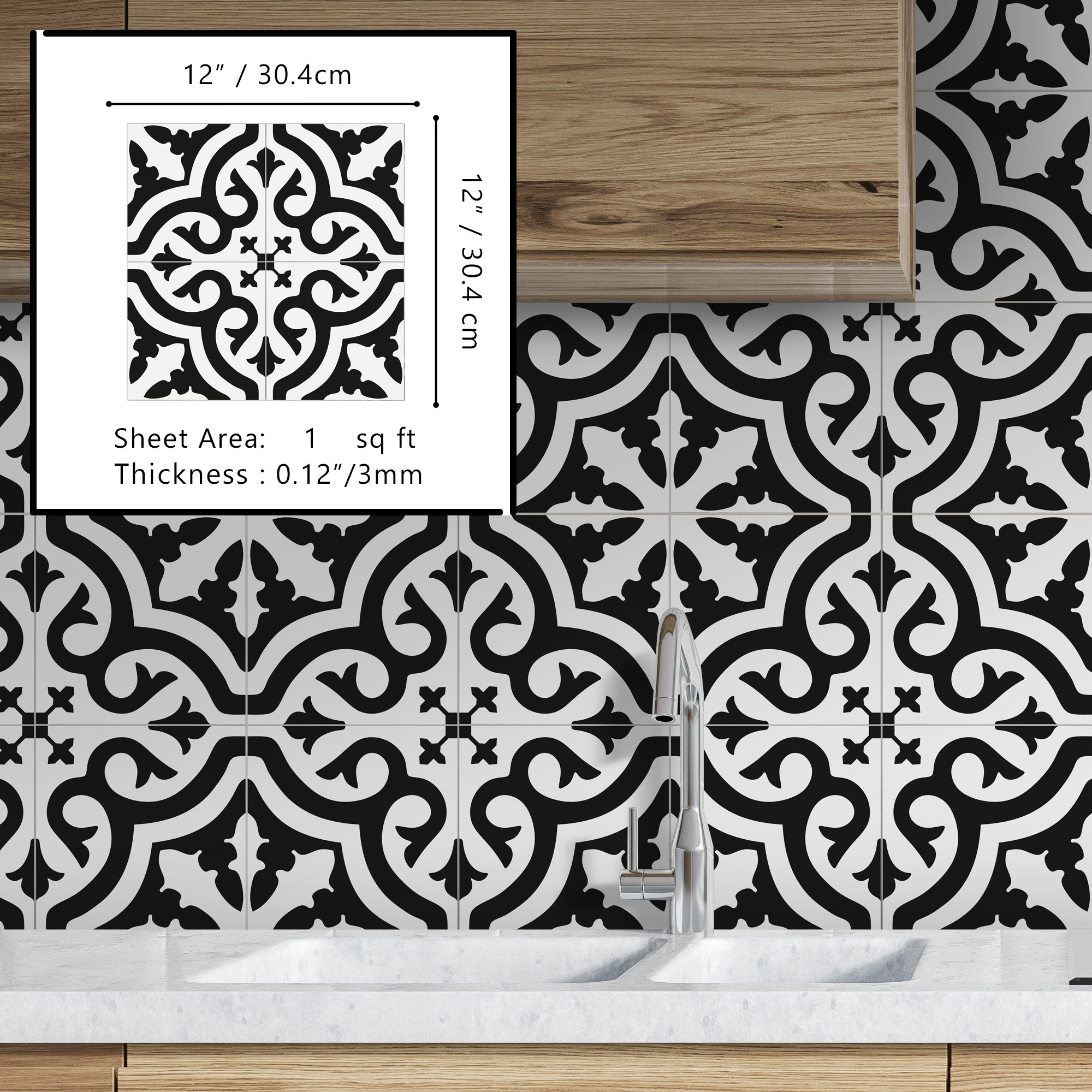 Encaustic Patterned Black and White Peel and Stick Tile