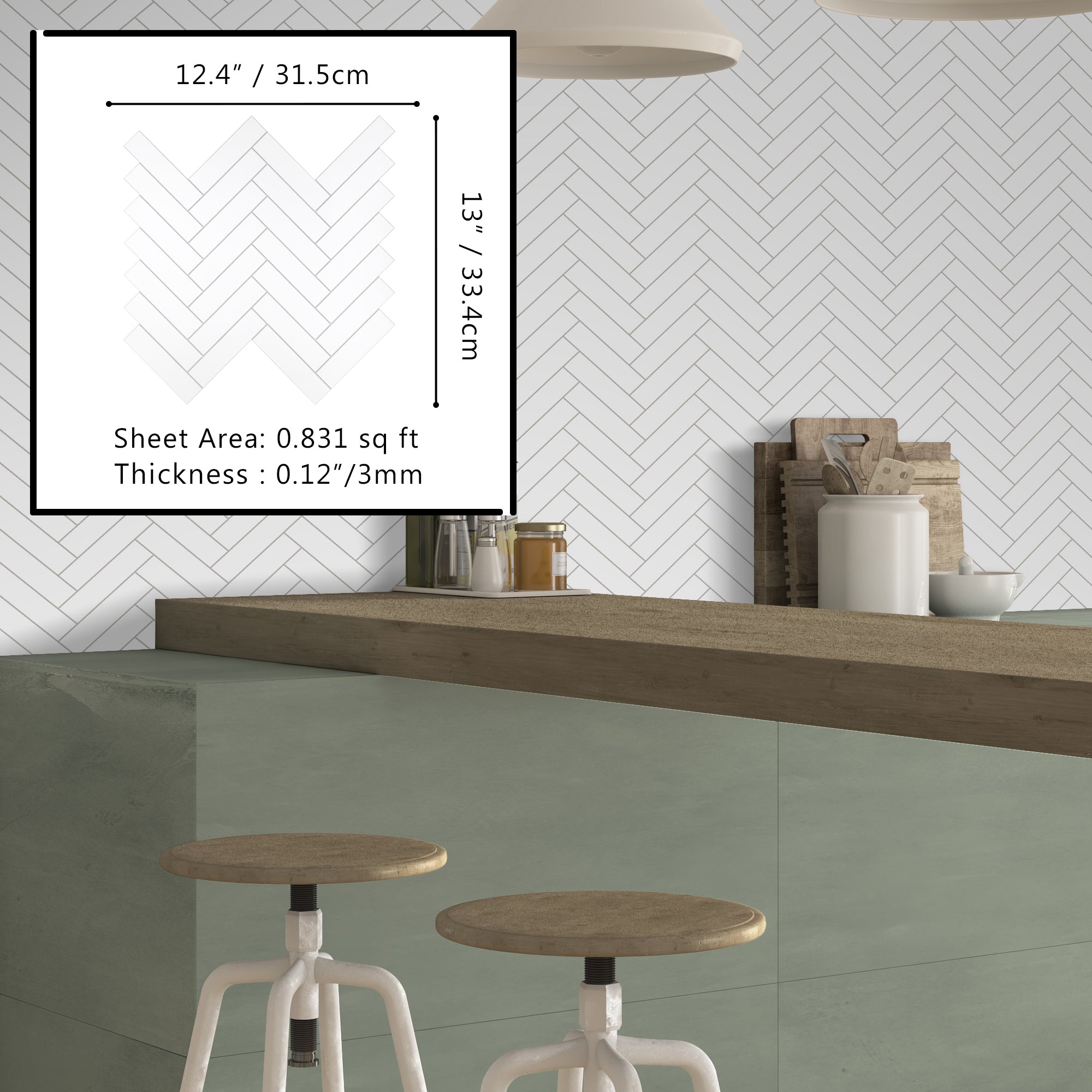 Herringbone White Peel and Stick Backsplash Tile