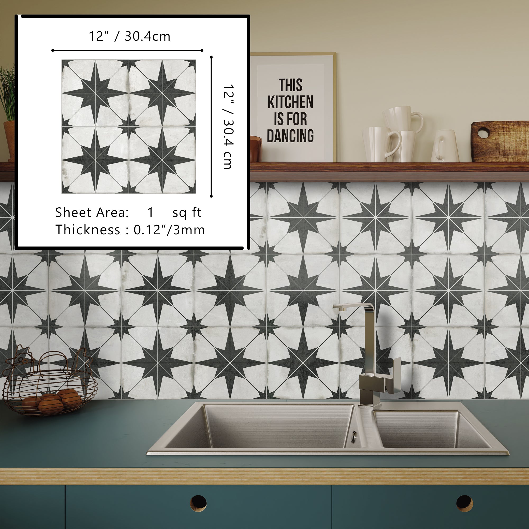 Encaustic Patterned Beige Star Peel and Stick Backsplash Tile