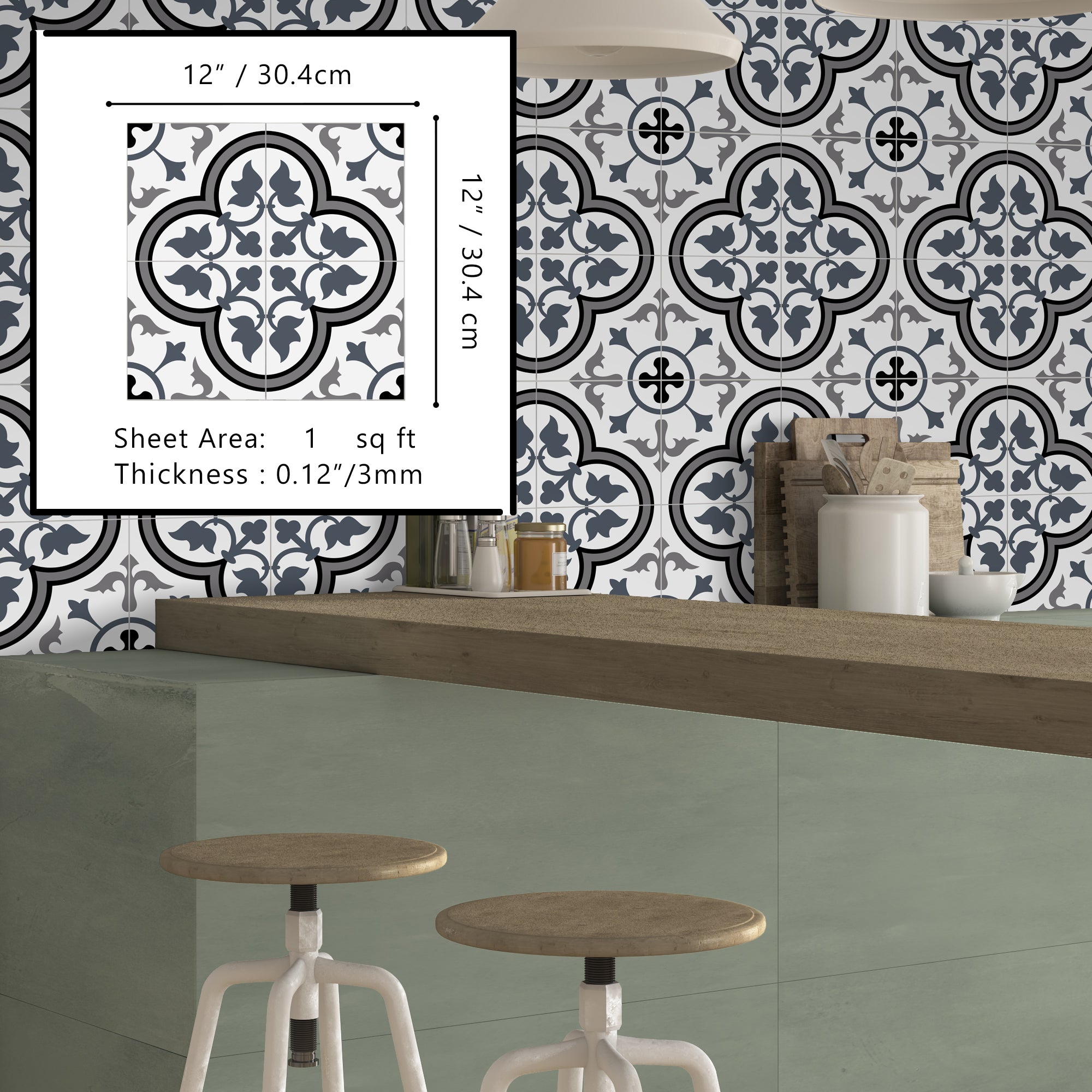 Encaustic Patterned White and Blue Peel and Stick Tile
