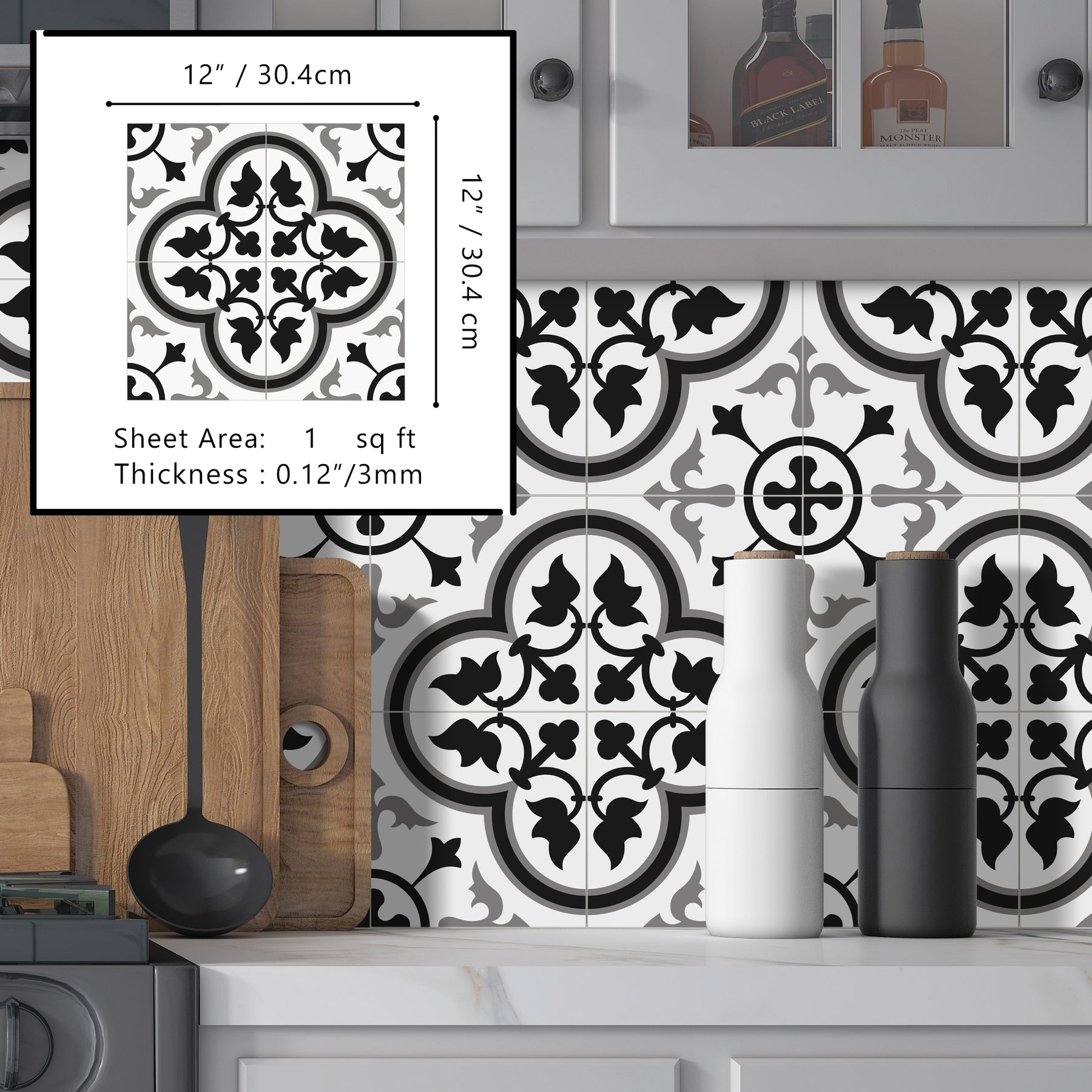 Encaustic Patterned White and Grey Peel and Stick Tile