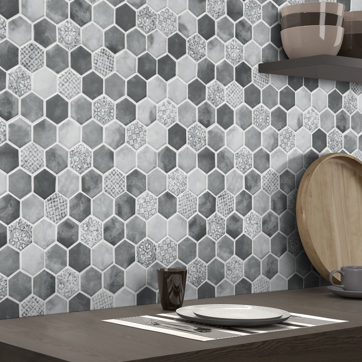 Cement Grey 11.7" x 10.2" Hexagon Recycled Glass Floor And Wall Mosaic Tile