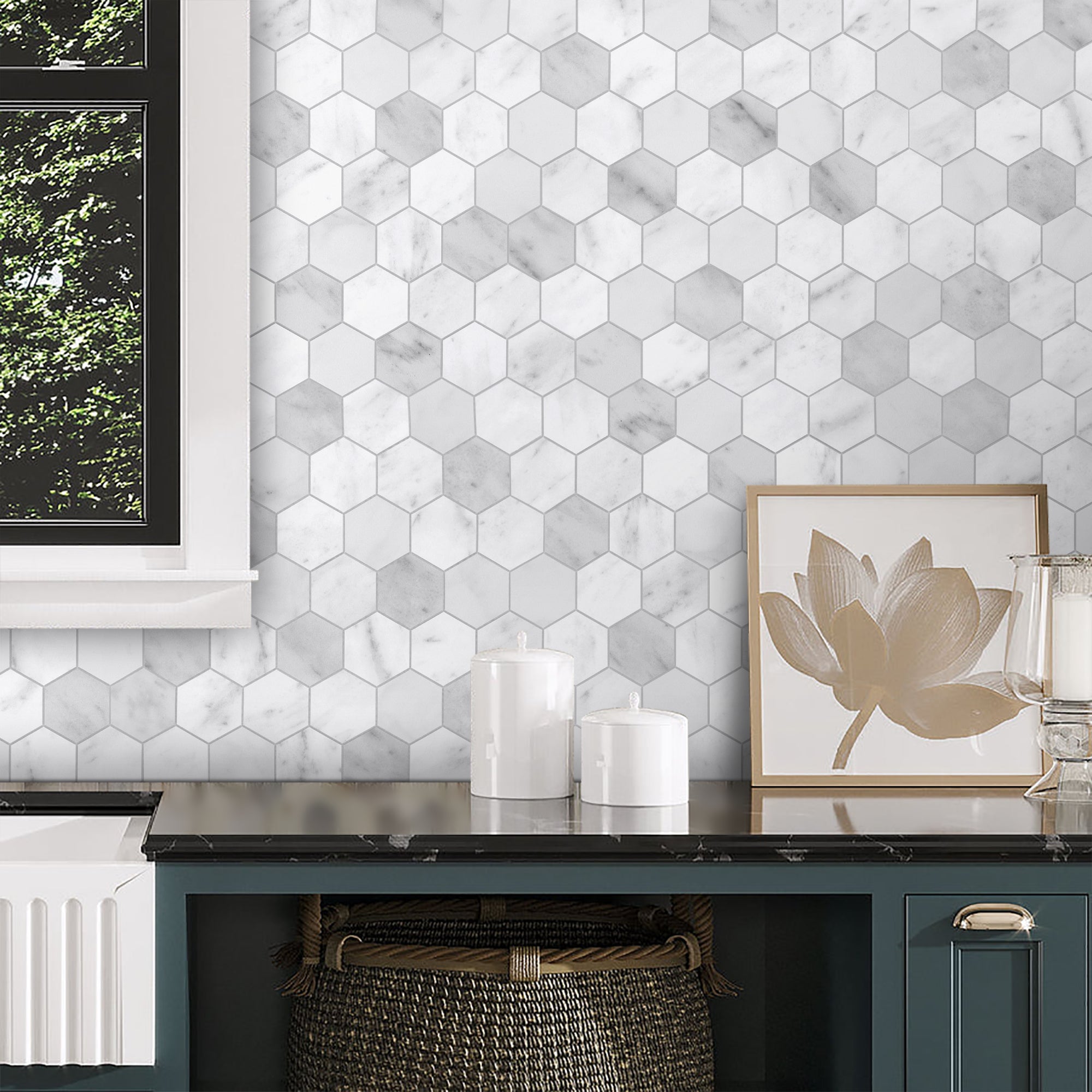 2" Hexagon Carrara White Peel and Stick Backsplash Tile