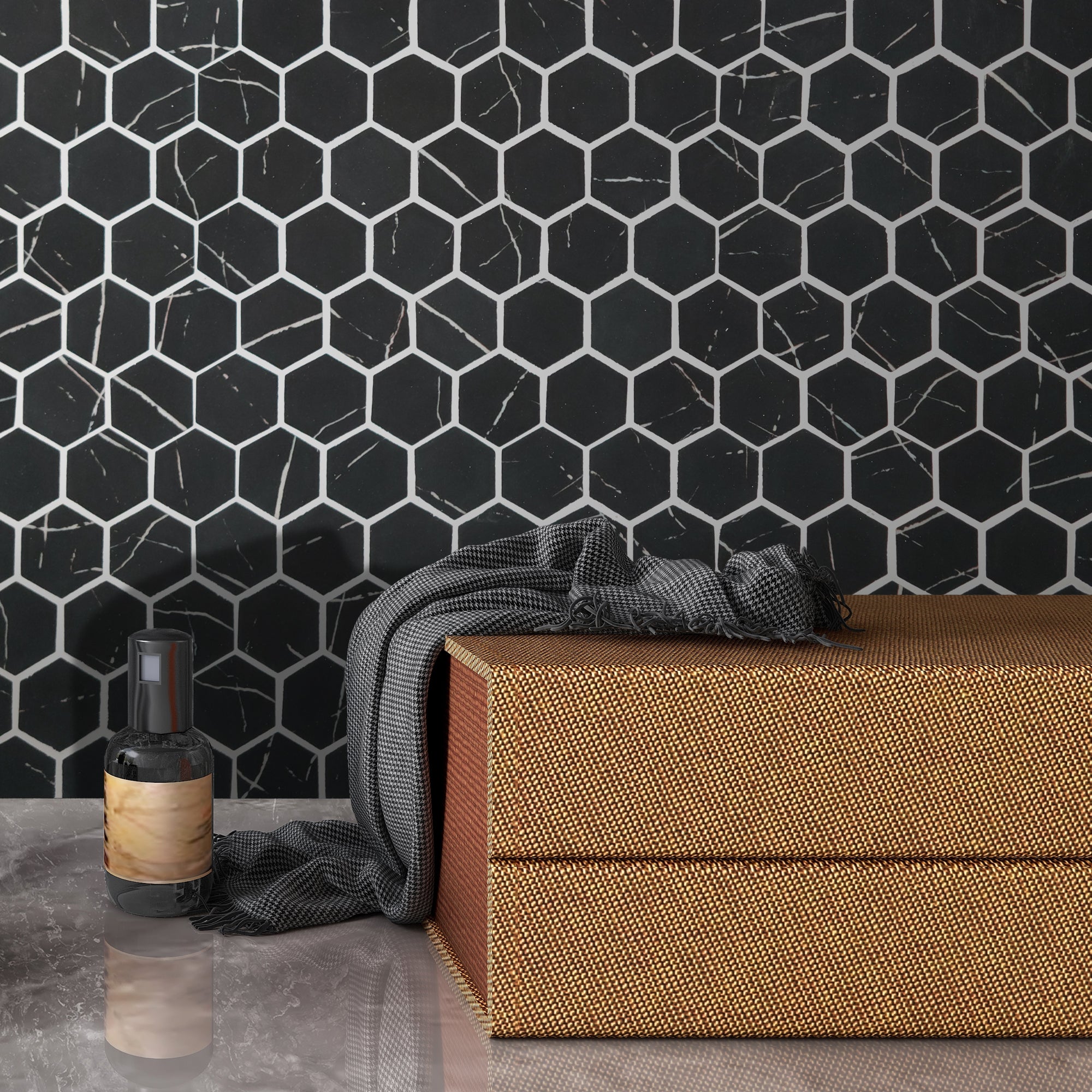 Black Marquina Hexagon Recycled Glass Floor and Wall Mosaic Tile