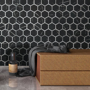 Black Marquina 11.7" x 10.2" Hexagon Recycled Glass Floor And Wall Mosaic Tile