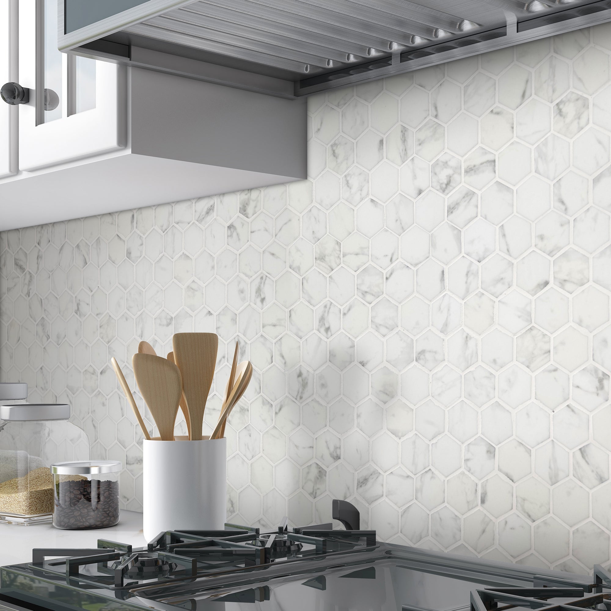 White Calacatta Hexagon Recycled Glass Floor and Wall Mosaic Tile