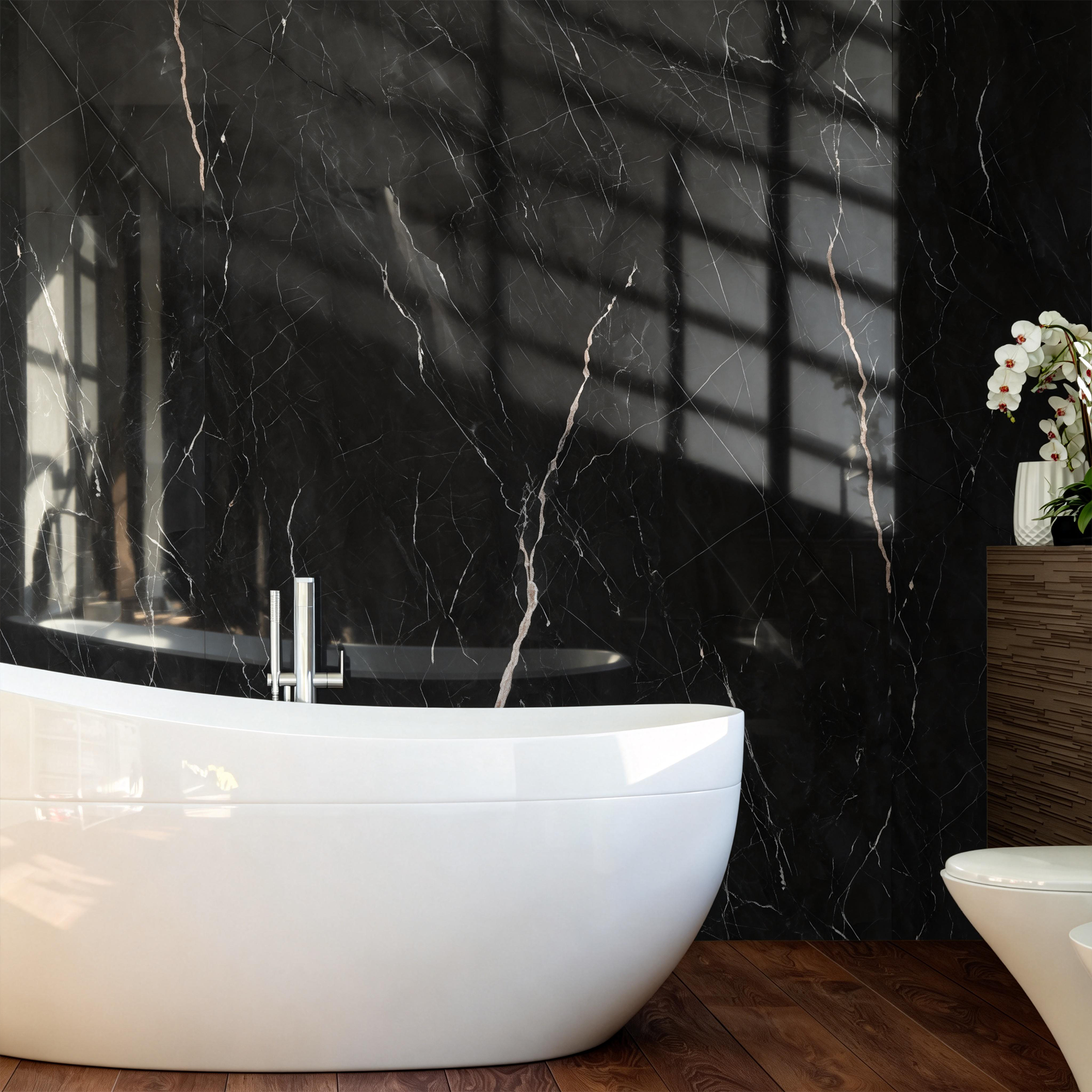 118" x 47" Black Marquina Glossy Peel and Stick Wall Paneling Roll