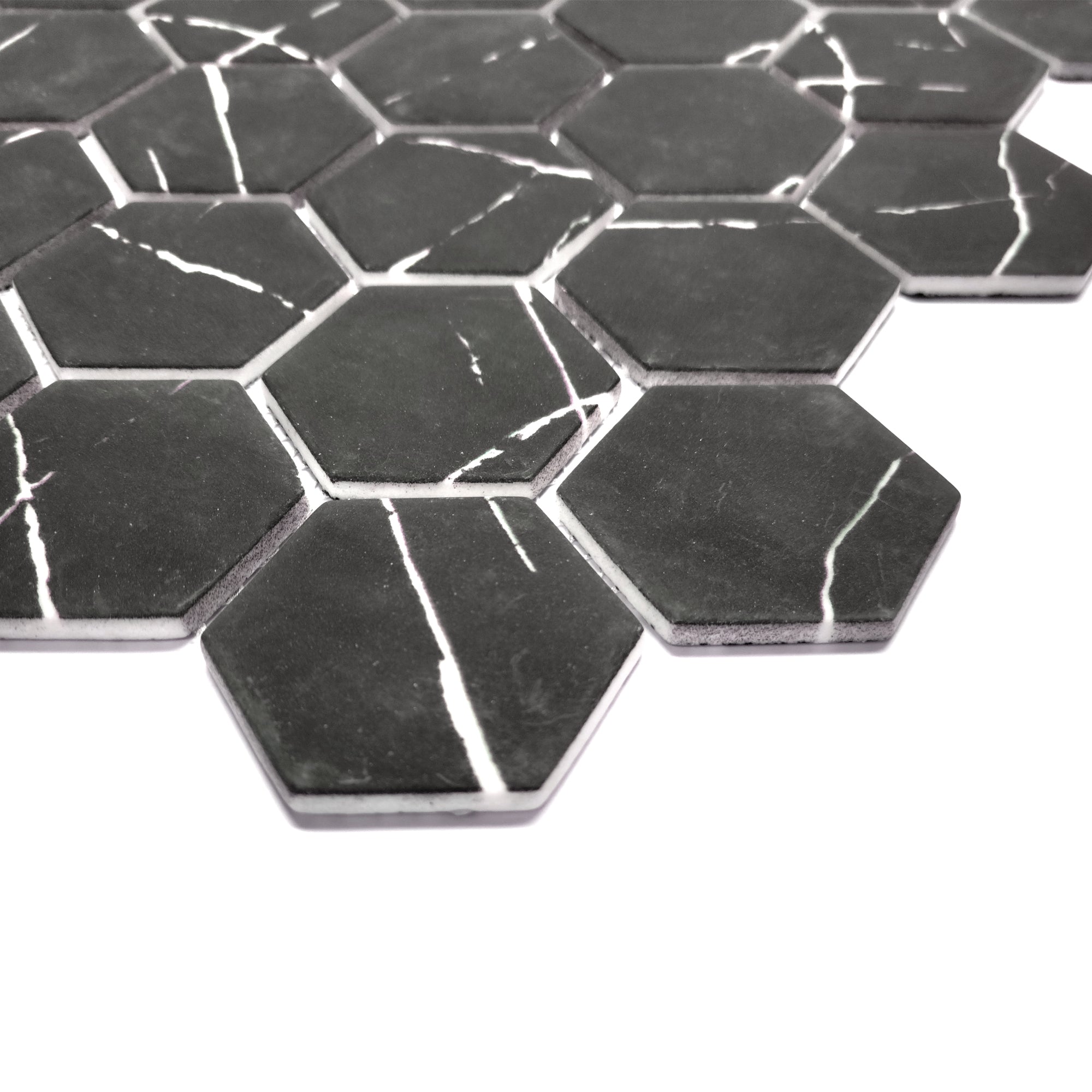 Black Marquina Hexagon Recycled Glass Floor and Wall Mosaic Tile