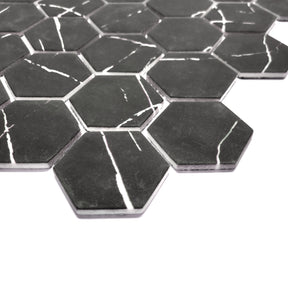 Black Marquina 11.7" x 10.2" Hexagon Recycled Glass Floor And Wall Mosaic Tile