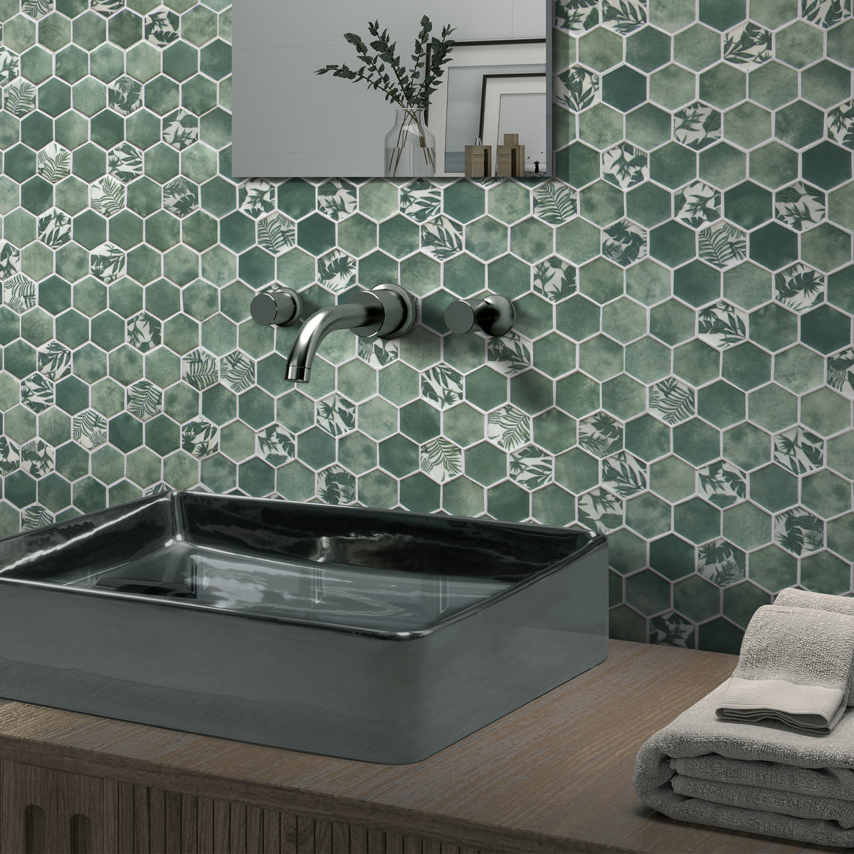 Cement Green 11.7" x 10.2" Hexagon Recycled Glass Floor And Wall Mosaic Tile
