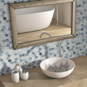 Cement Blue 11.7" x 10.2" Hexagon Recycled Glass Floor And Wall Mosaic Tile