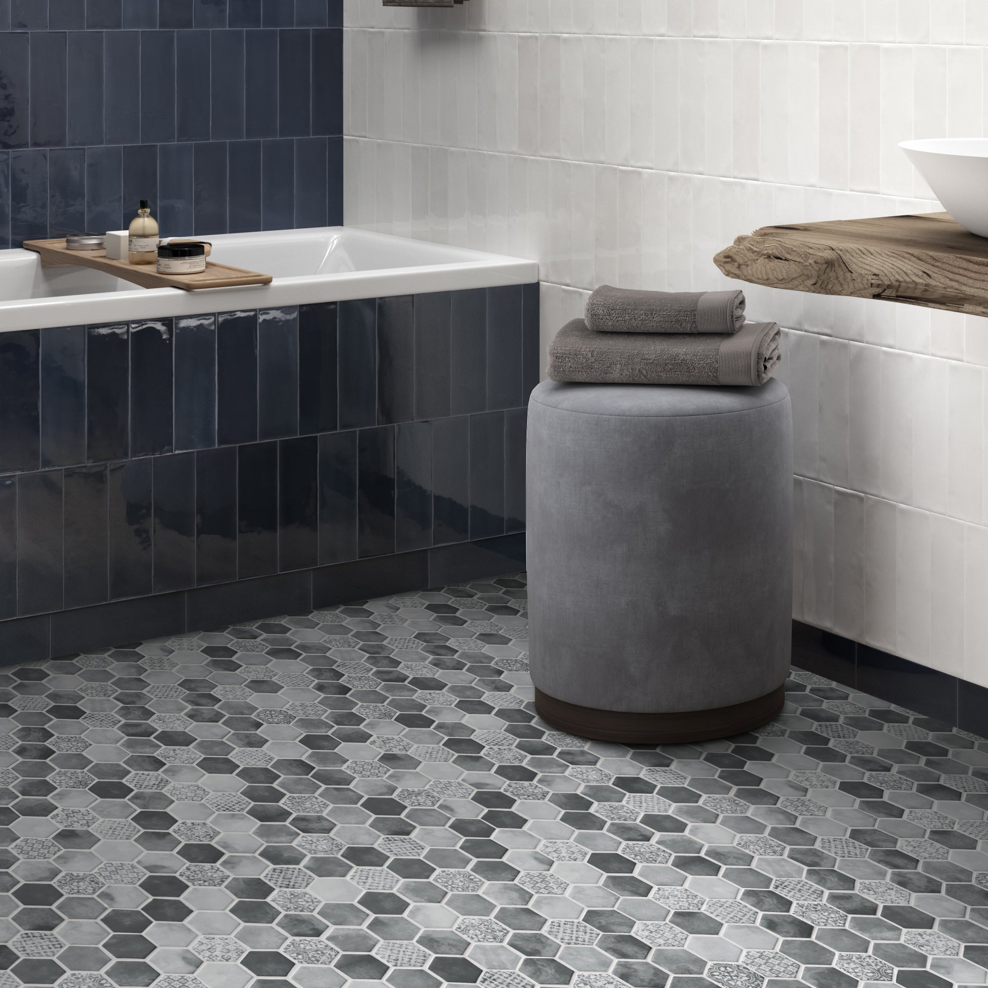 Cement Grey Hexagon Recycled Glass Floor and Wall Mosaic Tile