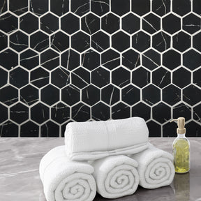 Black Marquina 11.7" x 10.2" Hexagon Recycled Glass Floor And Wall Mosaic Tile