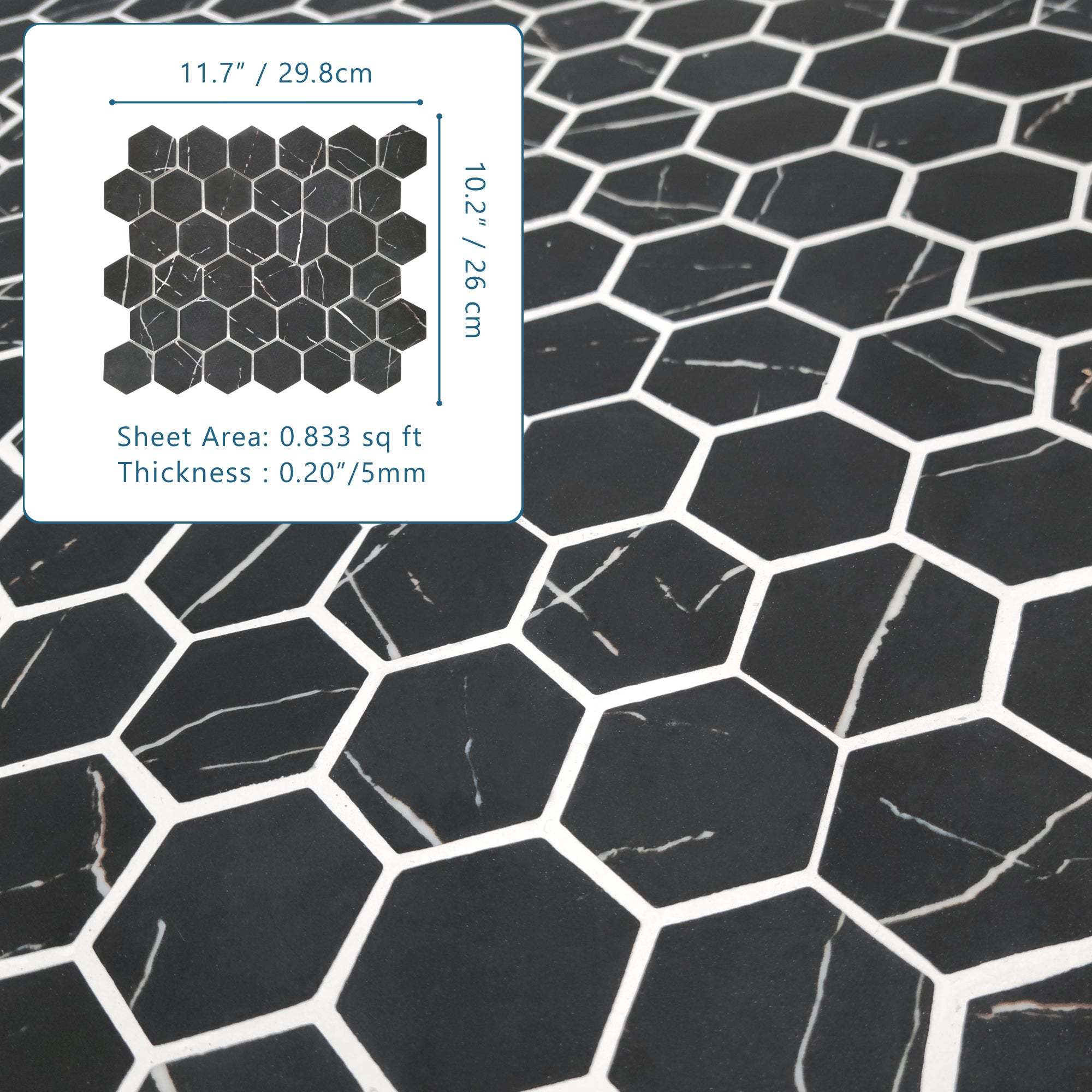 Black Marquina Hexagon Recycled Glass Floor and Wall Mosaic Tile