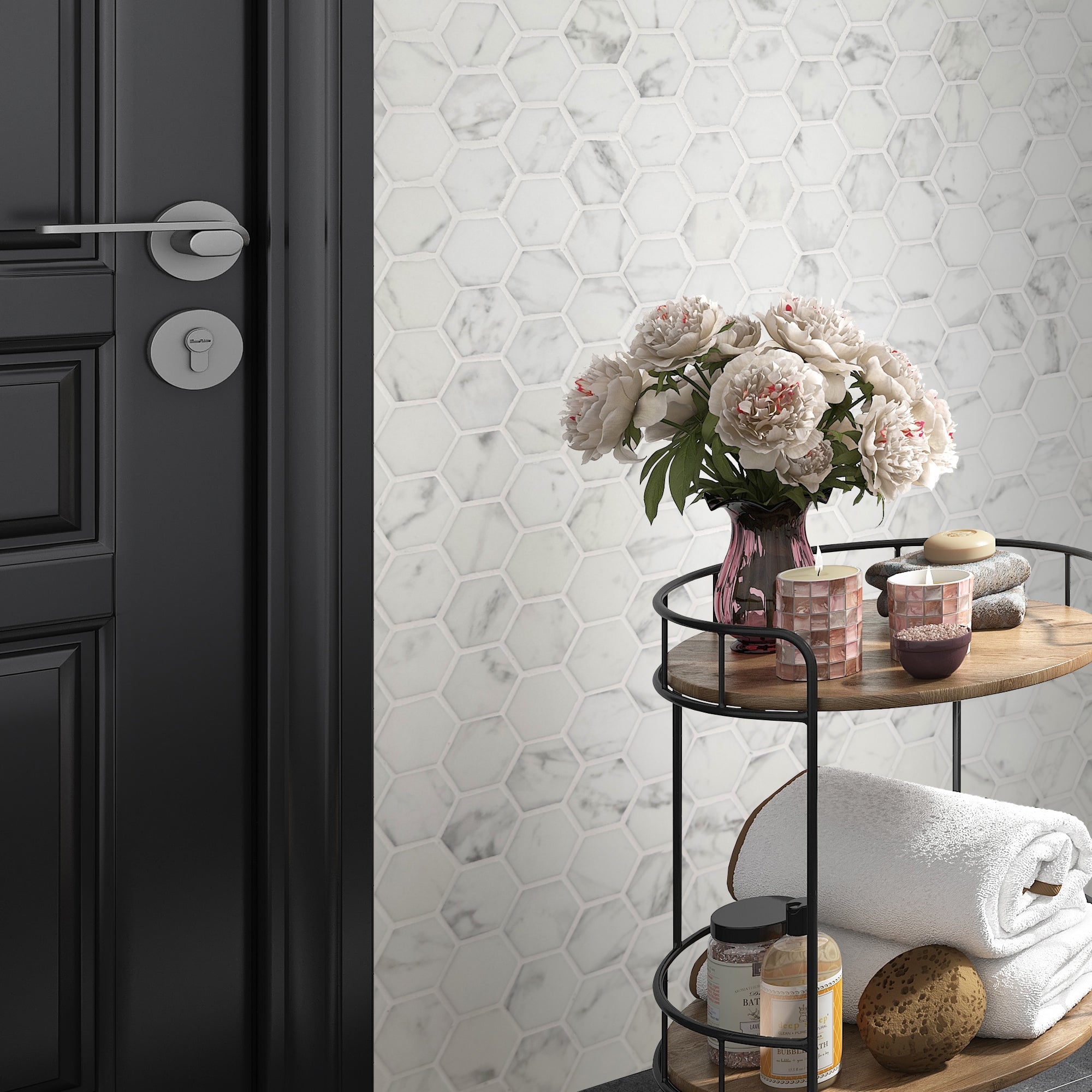 White Calacatta Hexagon Recycled Glass Floor and Wall Mosaic Tile