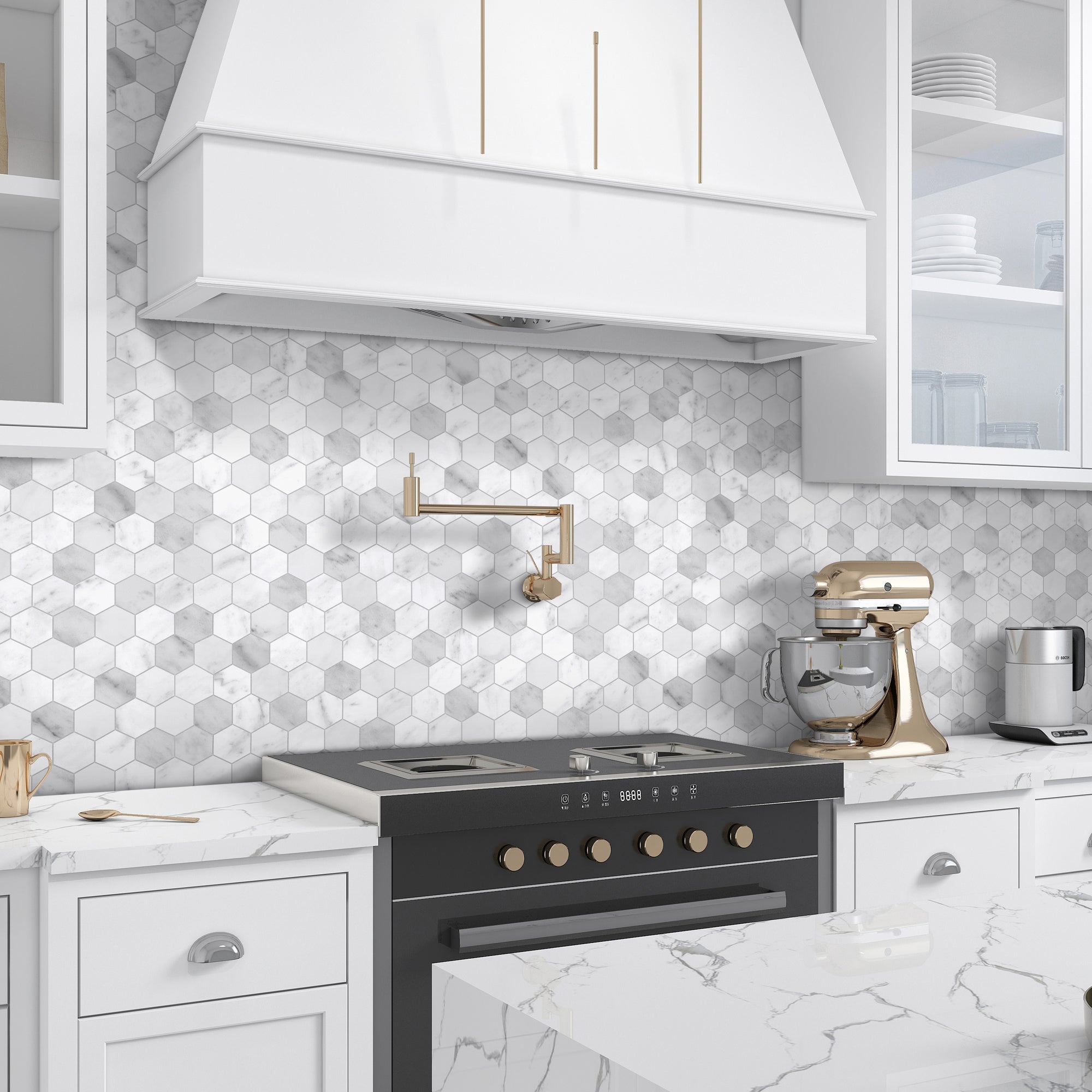 2" Hexagon Carrara White Peel and Stick Backsplash Tile