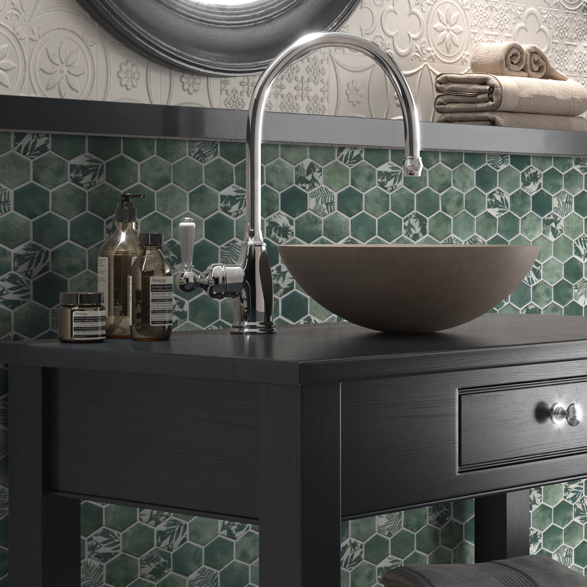 Cement Green Hexagon Recycled Glass Floor and Wall Mosaic Tile