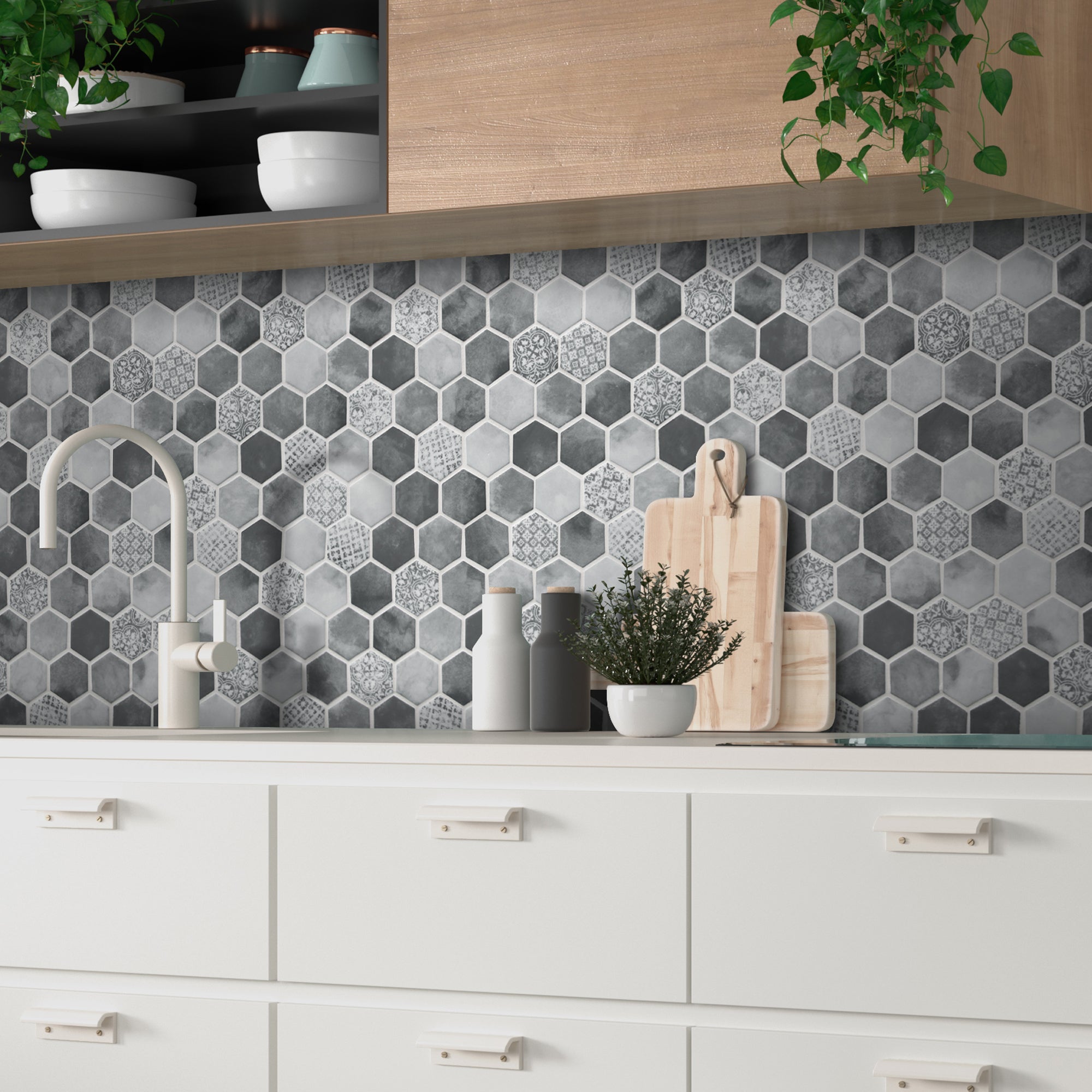 Cement Grey Hexagon Recycled Glass Floor and Wall Mosaic Tile