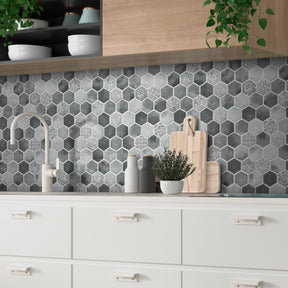 Cement Grey 11.7" x 10.2" Hexagon Recycled Glass Floor And Wall Mosaic Tile