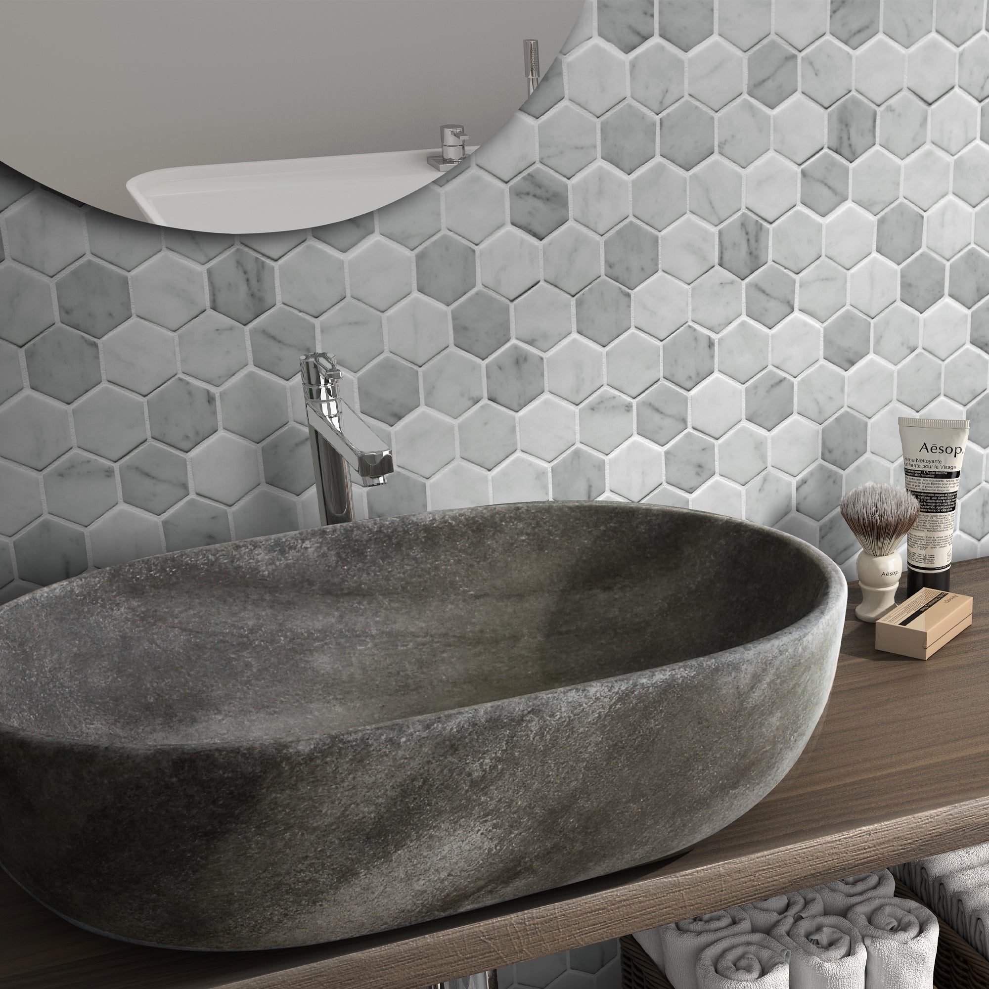 White Carrara Hexagon Recycled Glass Floor and Wall Mosaic Tile