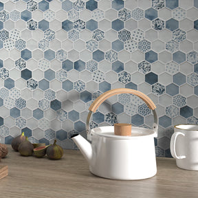 Cement Blue 11.7" x 10.2" Hexagon Recycled Glass Floor And Wall Mosaic Tile
