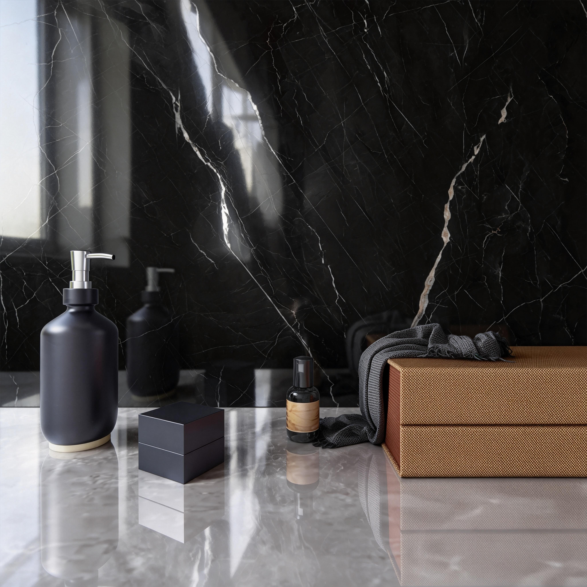 118" x 47" Black Marquina Glossy Peel and Stick Wall Paneling Roll