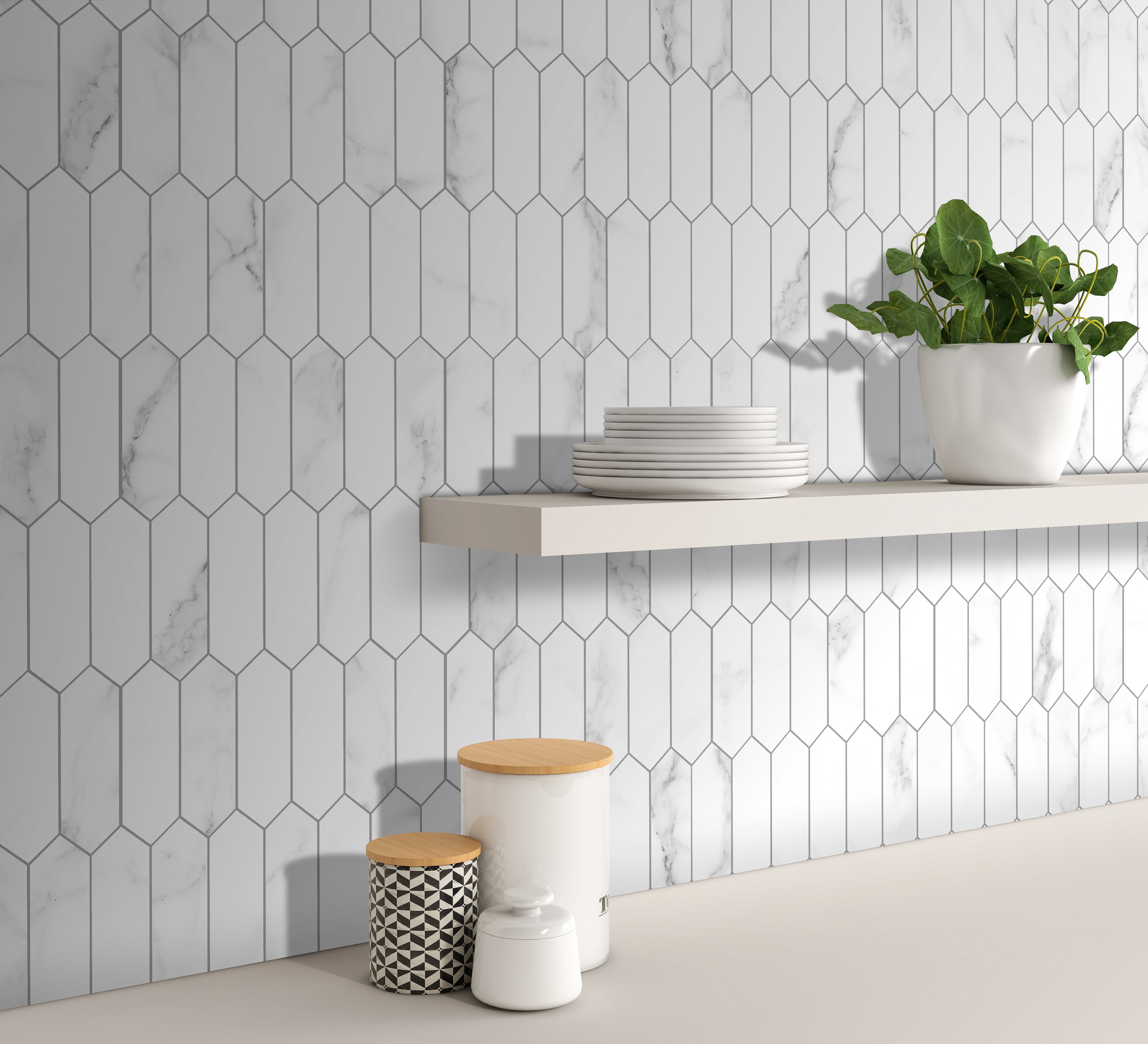 Carrara White Picket Long Hexagon Peel and Stick Tile
