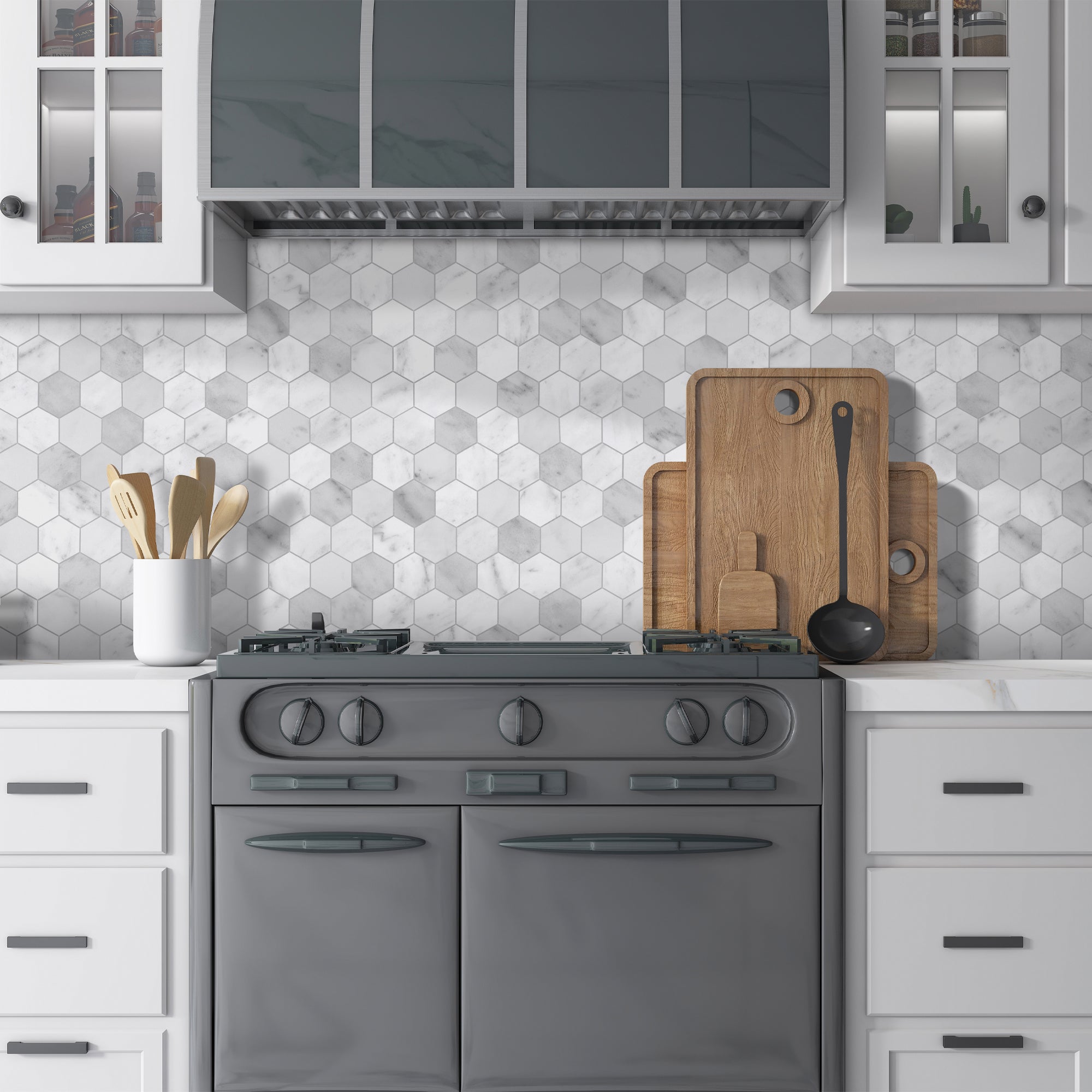2" Hexagon Carrara White Peel and Stick Backsplash Tile