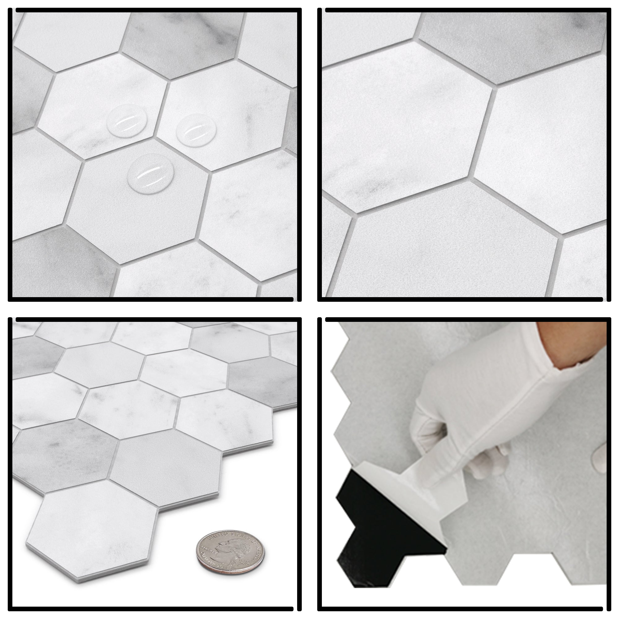 2" Hexagon Carrara White Peel and Stick Backsplash Tile