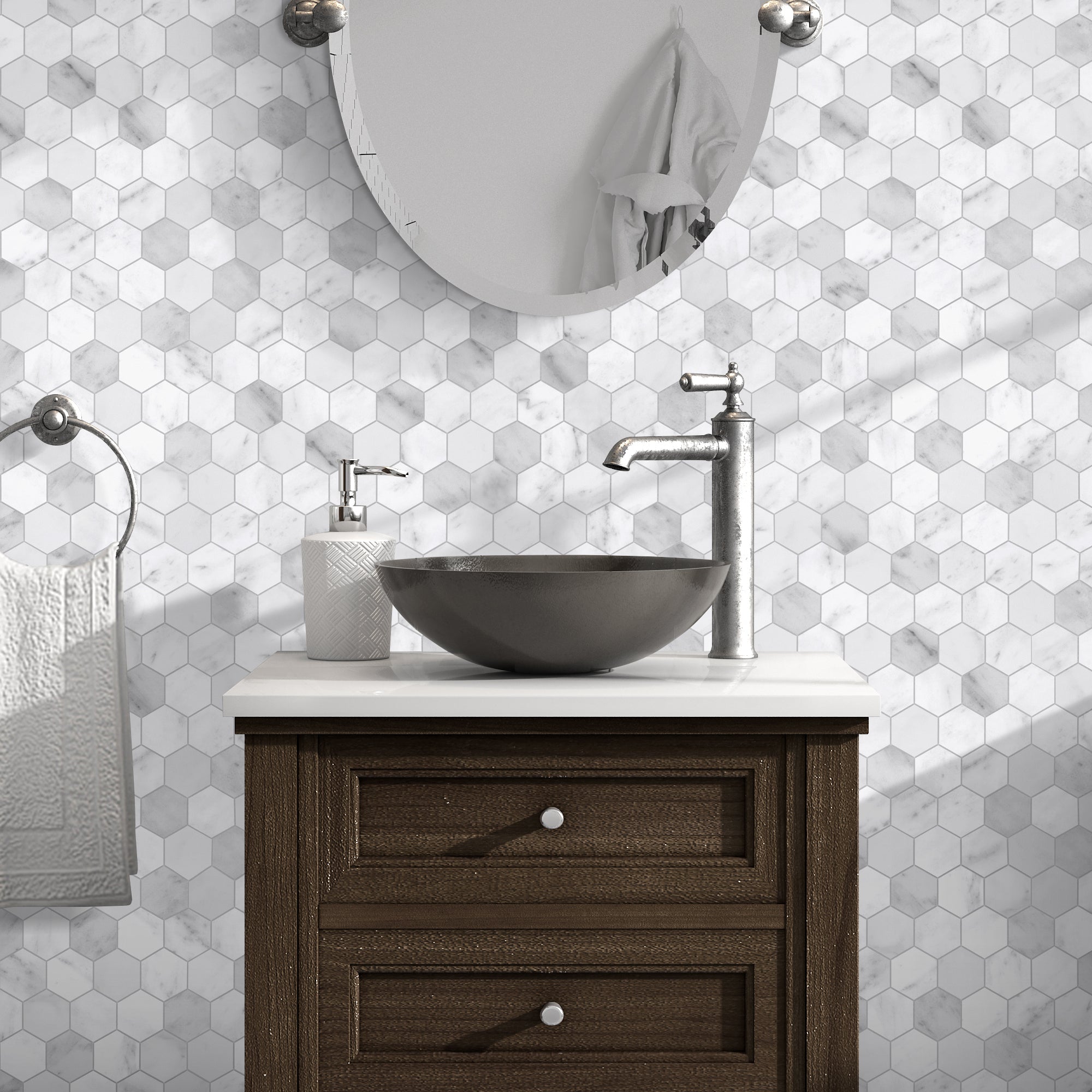 2" Hexagon Carrara White Peel and Stick Backsplash Tile