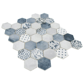 Cement Blue 11.7" x 10.2" Hexagon Recycled Glass Floor And Wall Mosaic Tile