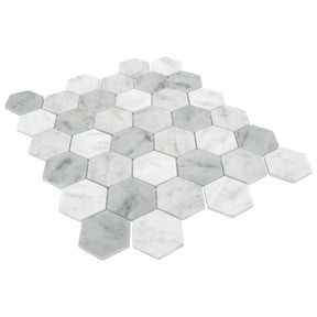 White Carrara 11.7" x 10.2" Hexagon Recycled Glass Floor And Wall Mosaic Tile