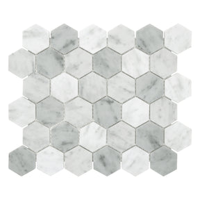 White Carrara 11.7" x 10.2" Hexagon Recycled Glass Floor And Wall Mosaic Tile