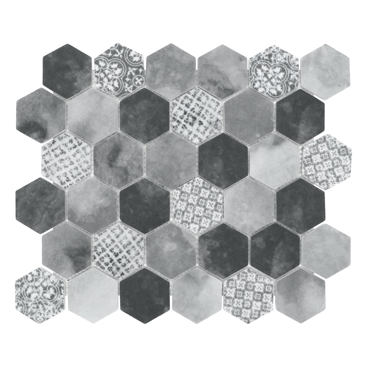 Cement Grey 11.7" x 10.2" Hexagon Recycled Glass Floor And Wall Mosaic Tile