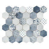 Cement Blue 11.7" x 10.2" Hexagon Recycled Glass Floor And Wall Mosaic Tile