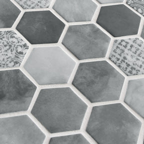Cement Grey 11.7" x 10.2" Hexagon Recycled Glass Floor And Wall Mosaic Tile