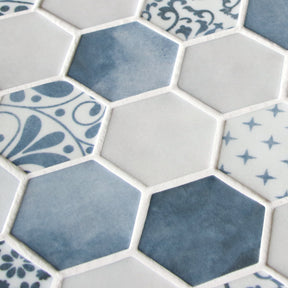 Cement Blue 11.7" x 10.2" Hexagon Recycled Glass Floor And Wall Mosaic Tile