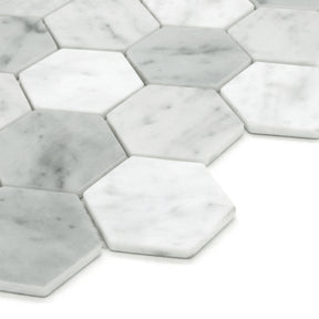 White Carrara 11.7" x 10.2" Hexagon Recycled Glass Floor And Wall Mosaic Tile
