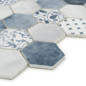 Cement Blue 11.7" x 10.2" Hexagon Recycled Glass Floor And Wall Mosaic Tile