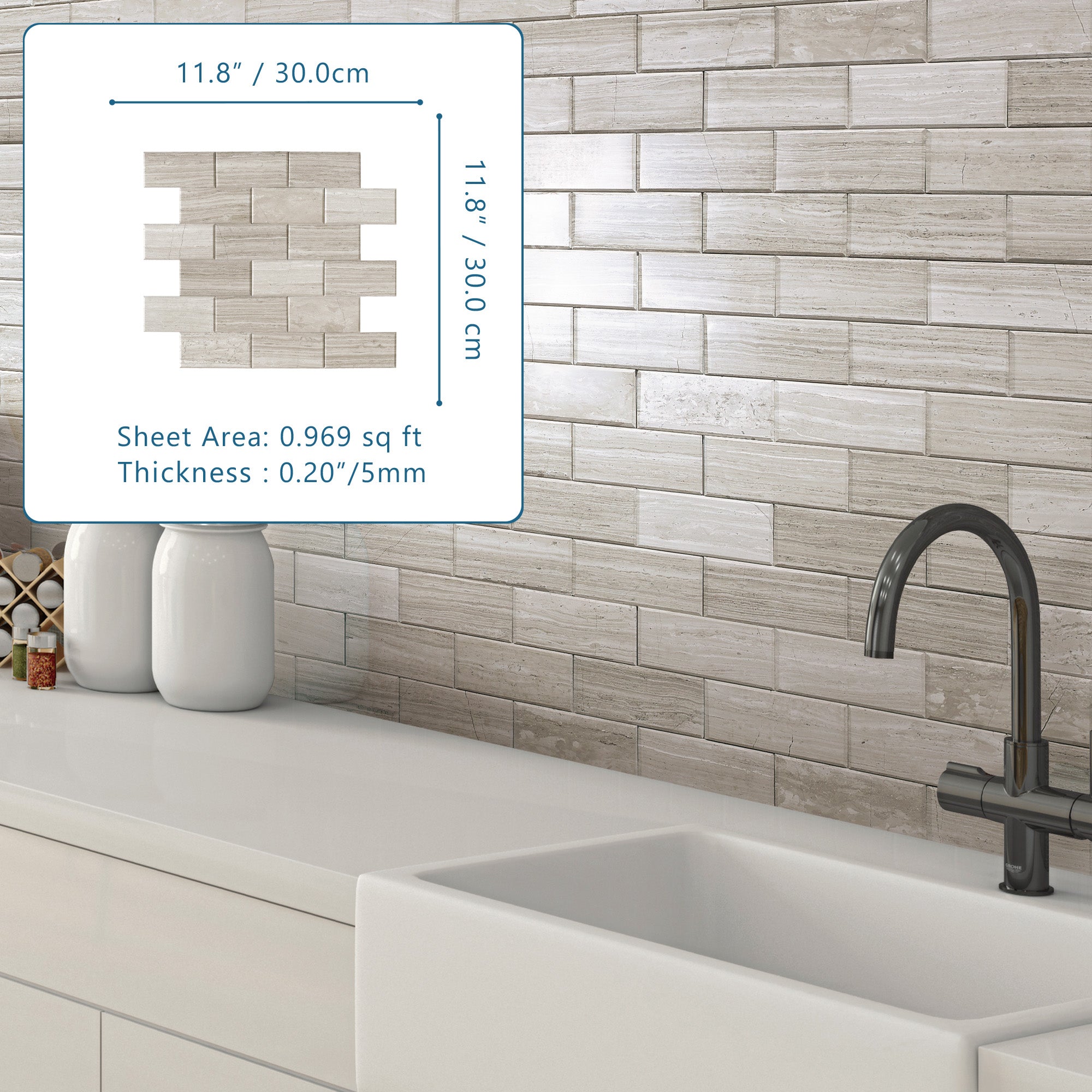 Subway Gray Wood Natural Marble Peel and Stick Backsplash Tile