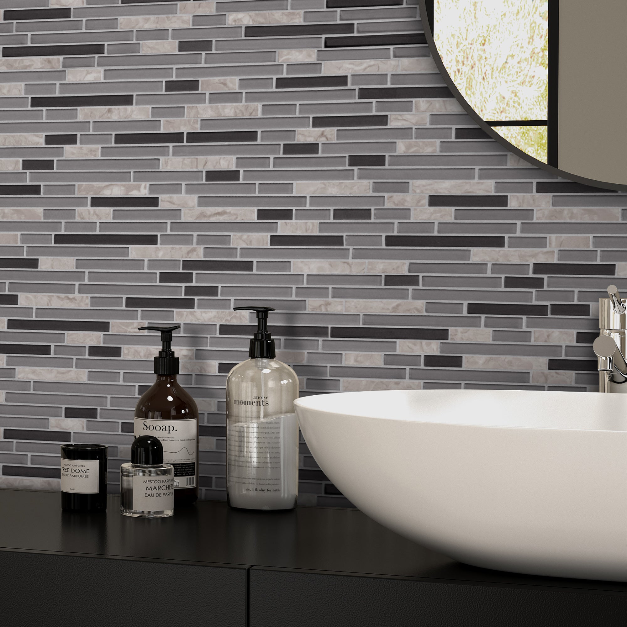 Interlocking Gray and Black Glossy Glass Wall Mosaic Tile