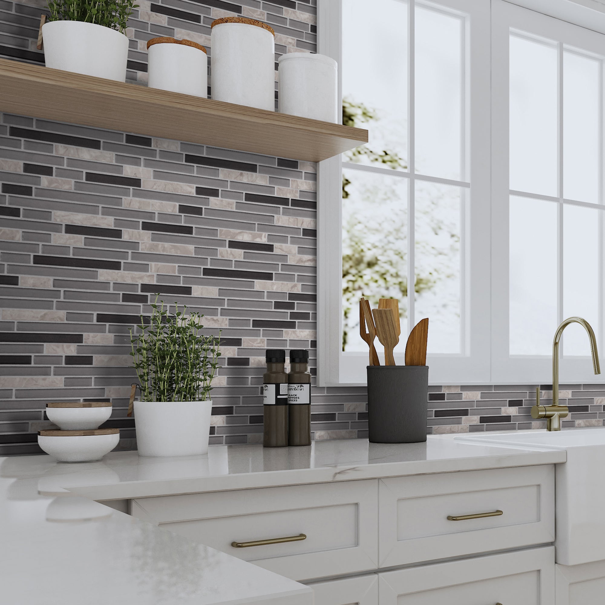 Interlocking Gray and Black Glossy Glass Wall Mosaic Tile