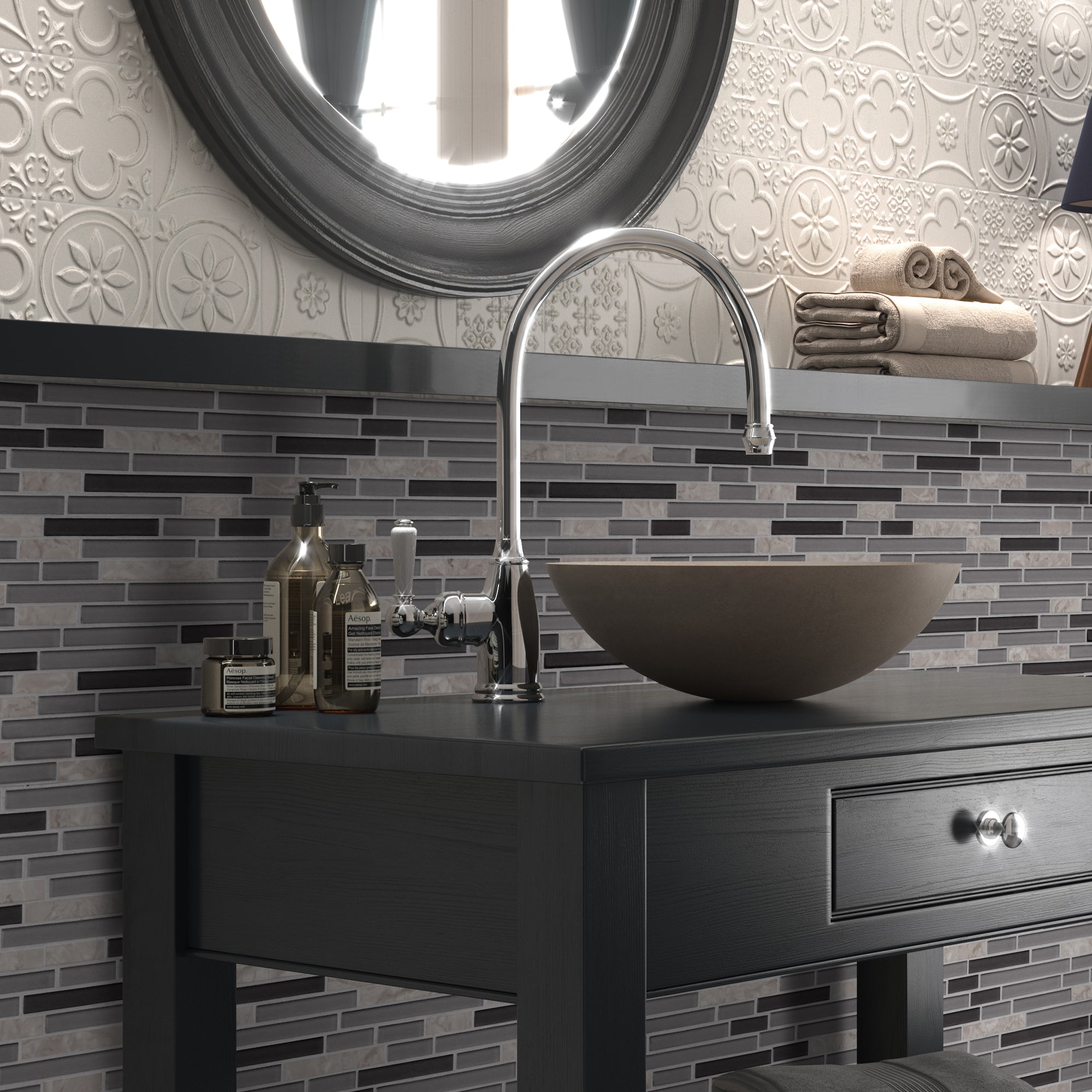 Interlocking Gray and Black Glossy Glass Wall Mosaic Tile
